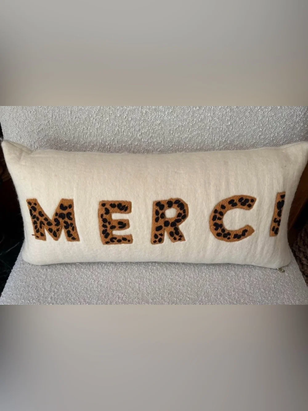 Anthropologie Cream Pillow with Leopard-Print 'MERCI' Letters